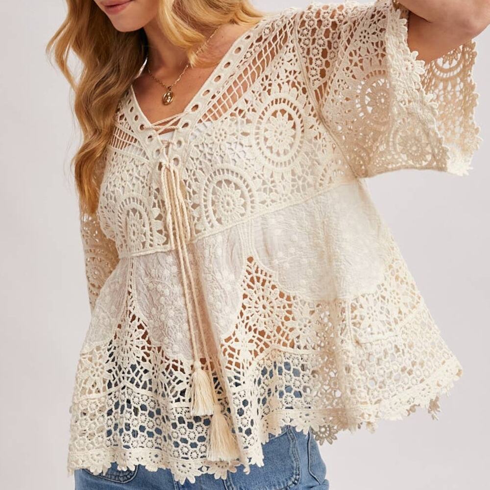 Boho Sheer Crochet Lace Top with Tassels - Natural